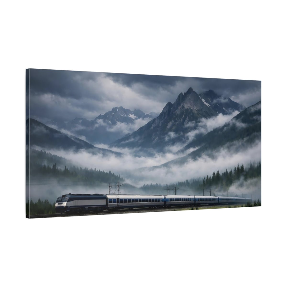 Nature Mountain Train Blue Grey - Canvas Wall Art Print - YesArtYes