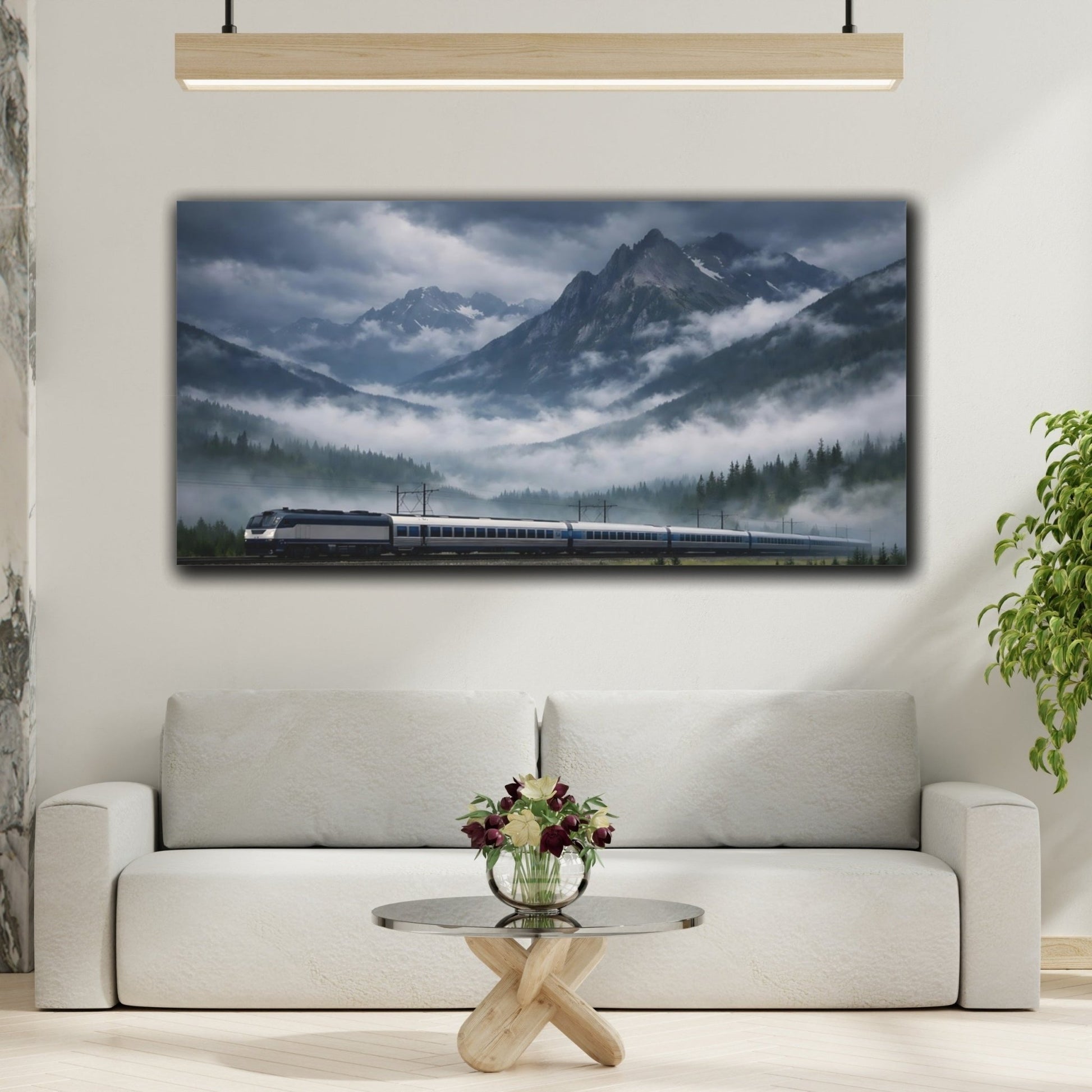 Nature Mountain Train Blue Grey - Canvas Wall Art Print - YesArtYes