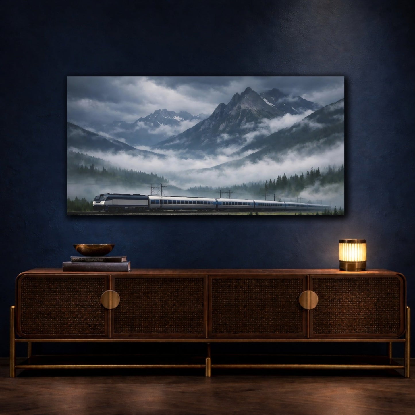 Nature Mountain Train Blue Grey - Canvas Wall Art Print - YesArtYes
