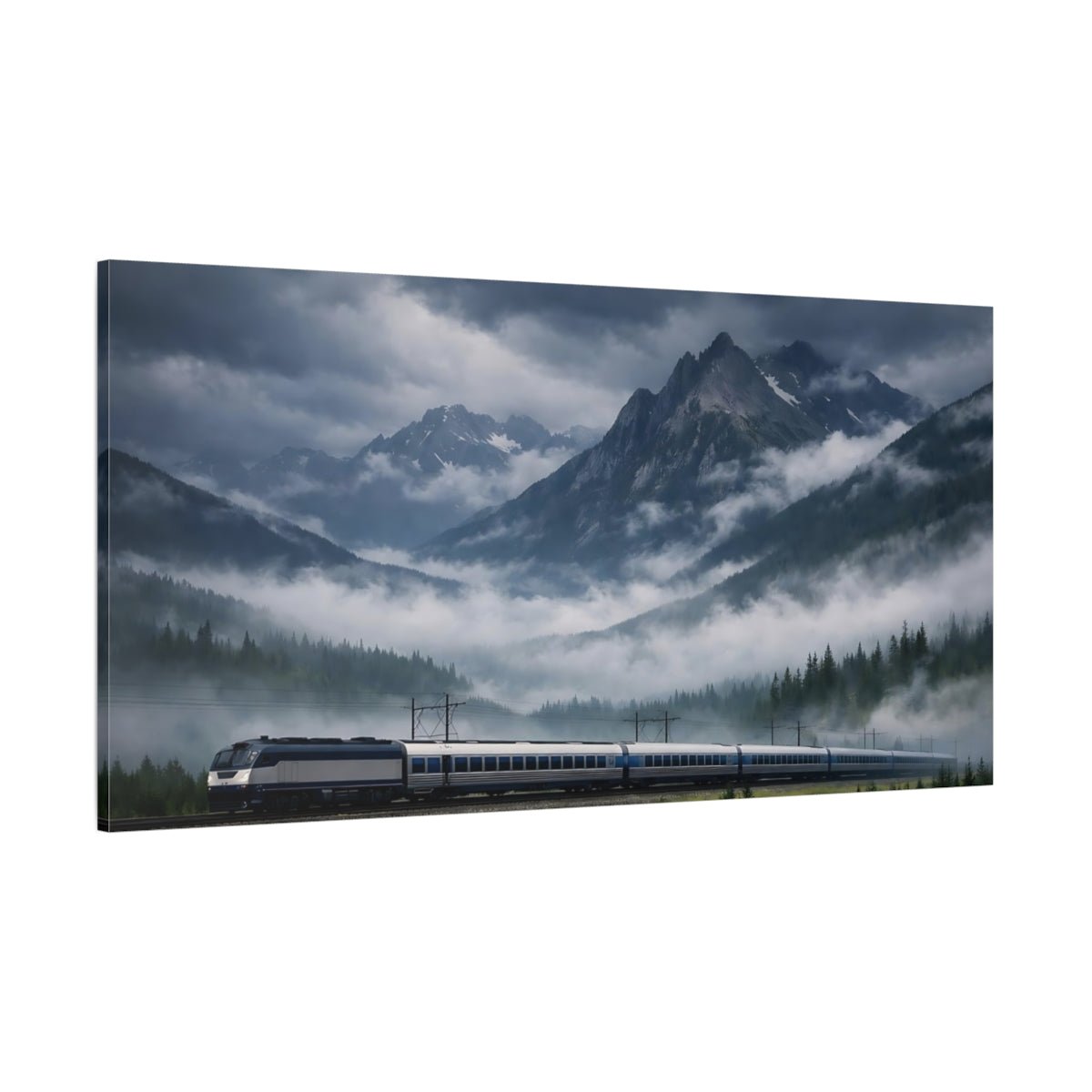 Nature Mountain Train Blue Grey - Canvas Wall Art Print - YesArtYes