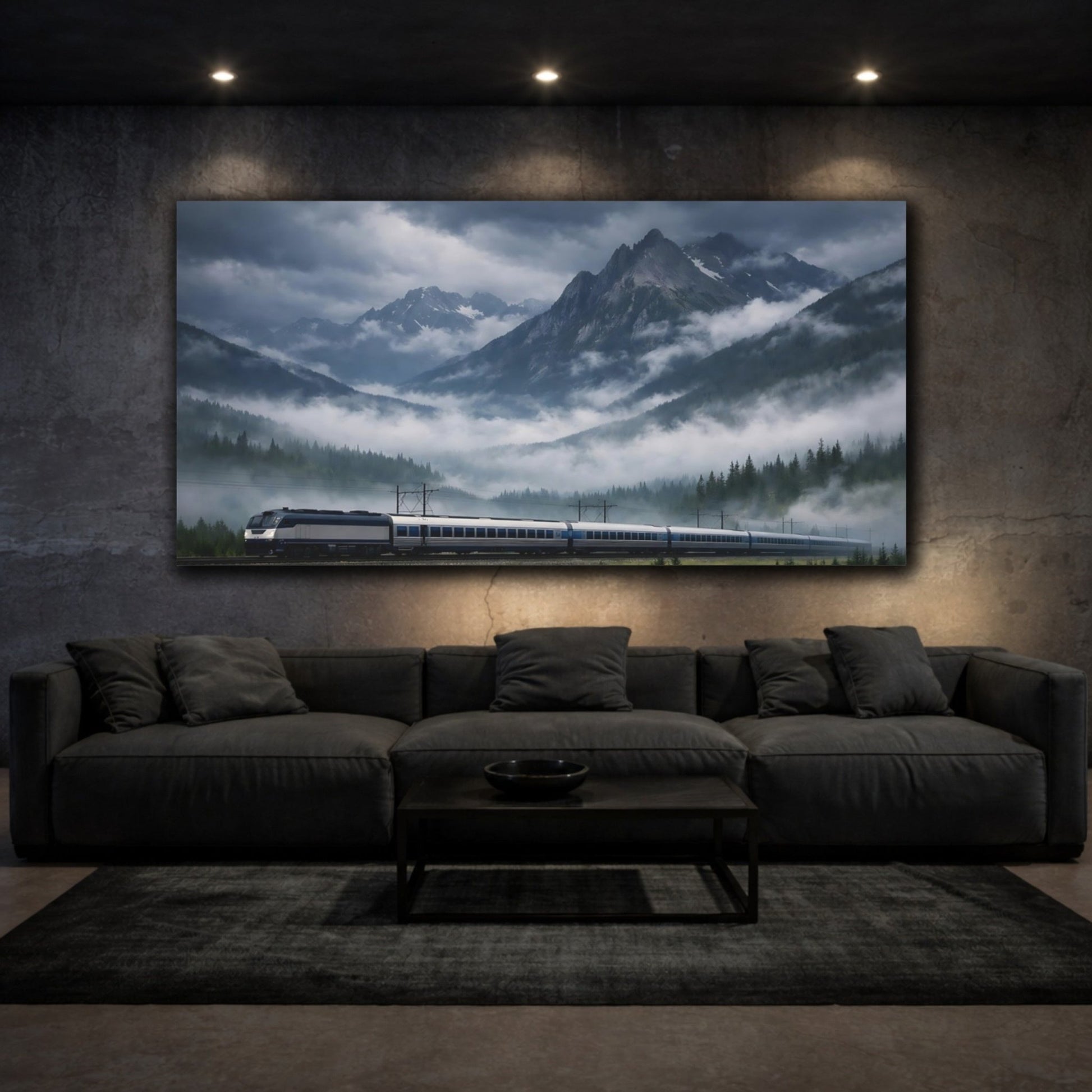Nature Mountain Train Blue Grey - Canvas Wall Art Print - YesArtYes