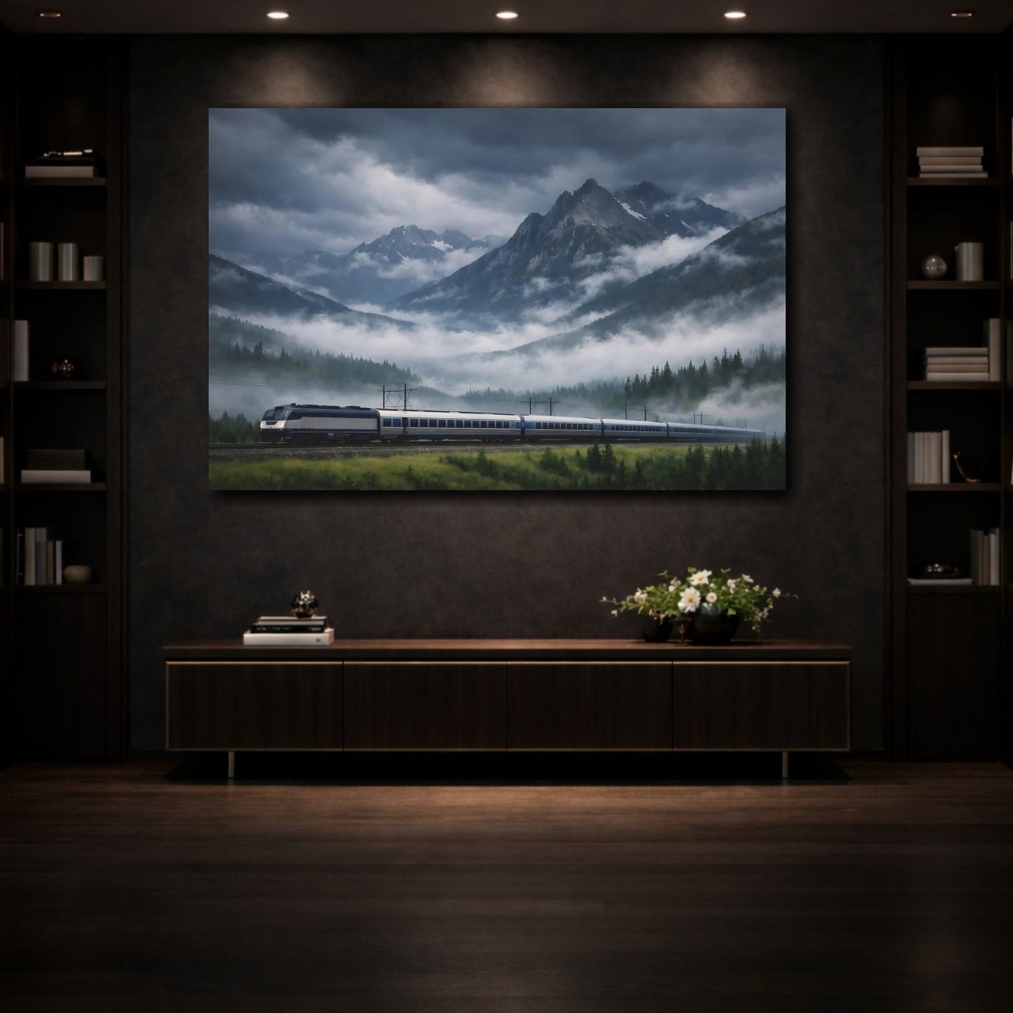 Nature Mountain Train Dark Landscape - Canvas Wall Art Print - YesArtYes
