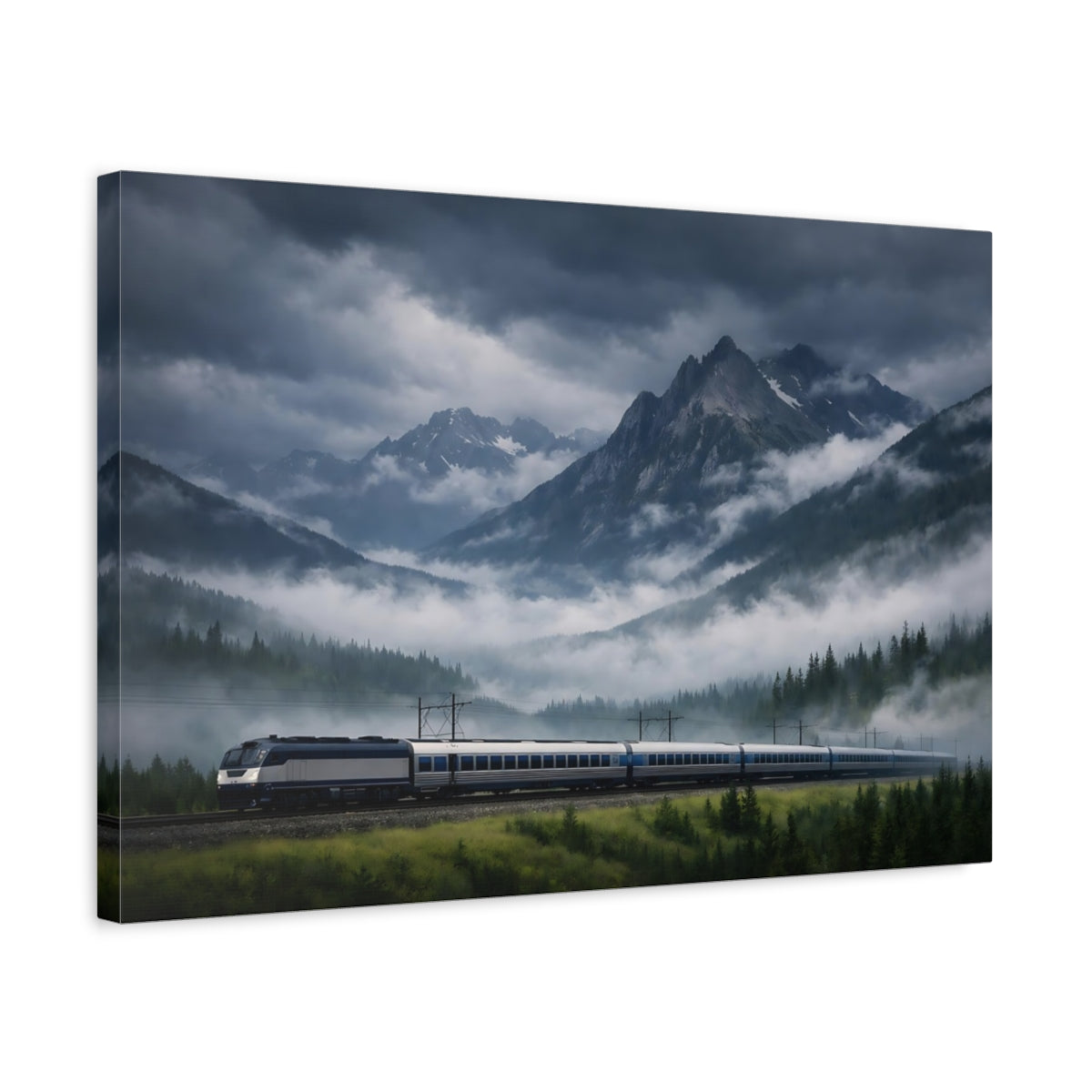 Side Mockup 3. Nature Mountain Train Dark Mountain Landscape shown as stretched canvas wall art