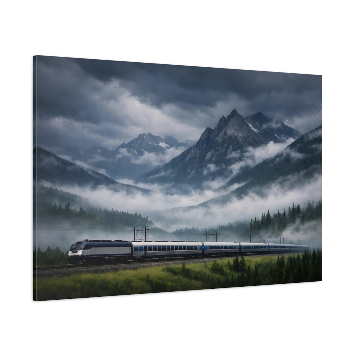 Side Mockup 1. Nature Mountain Train Dark Mountain Landscape shown as stretched canvas wall art