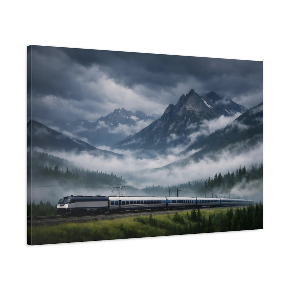 Main Mockup. Nature Mountain Train Dark Mountain Landscape shown as stretched canvas wall art
