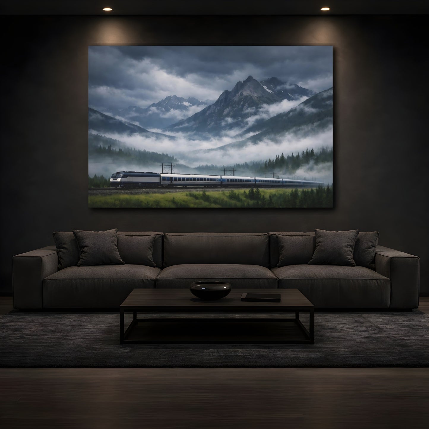Mockup 2. Nature Mountain Train Dark Mountain Landscape shown as stretched canvas wall art