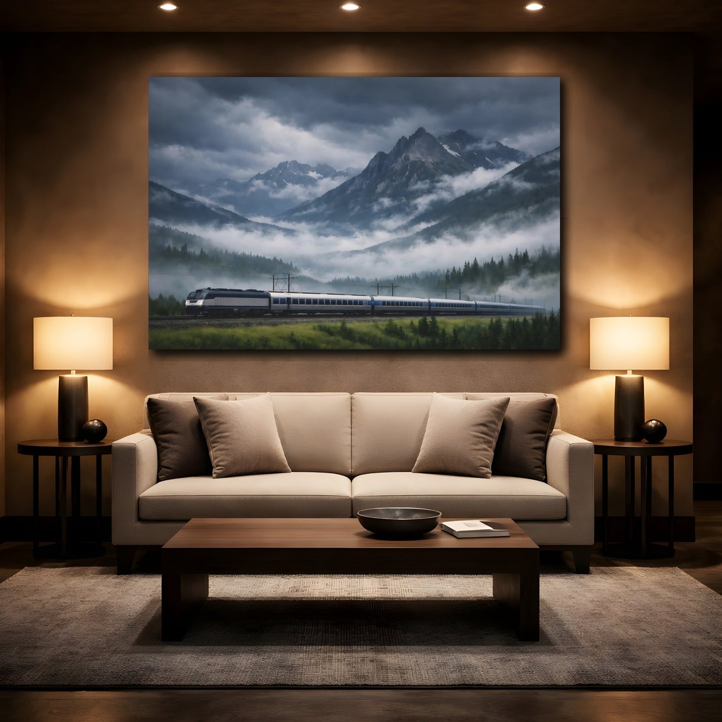 Mockup 3. Nature Mountain Train Dark Mountain Landscape shown as stretched canvas wall art