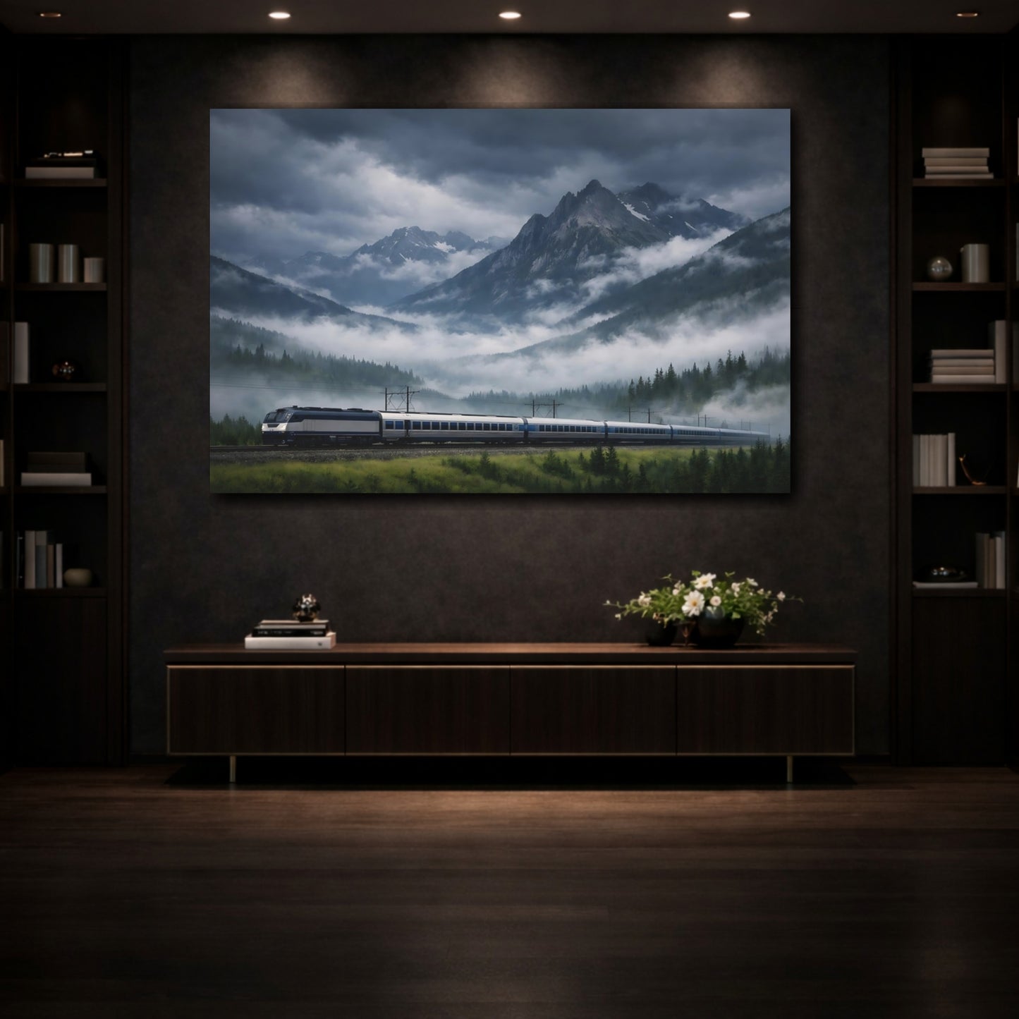 Mockup 4. Nature Mountain Train Dark Mountain Landscape shown as stretched canvas wall art