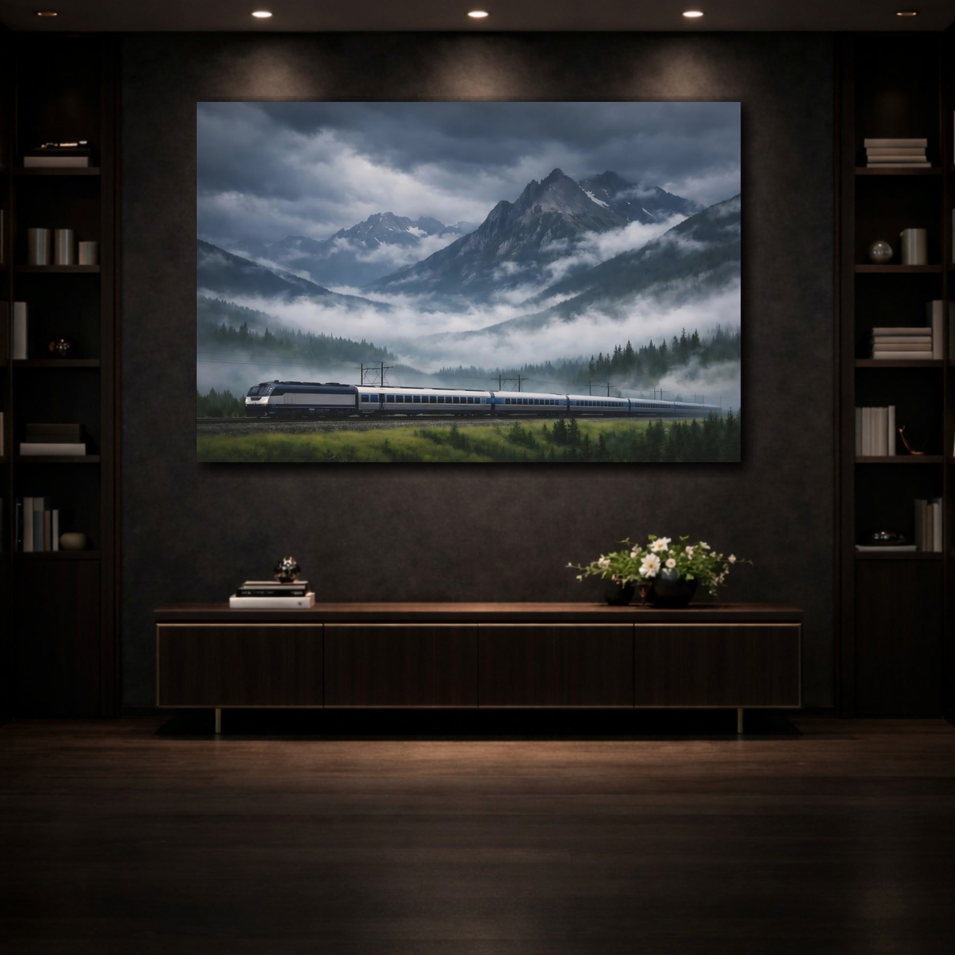 Mockup 4. Nature Mountain Train Dark Mountain Landscape shown as stretched canvas wall art