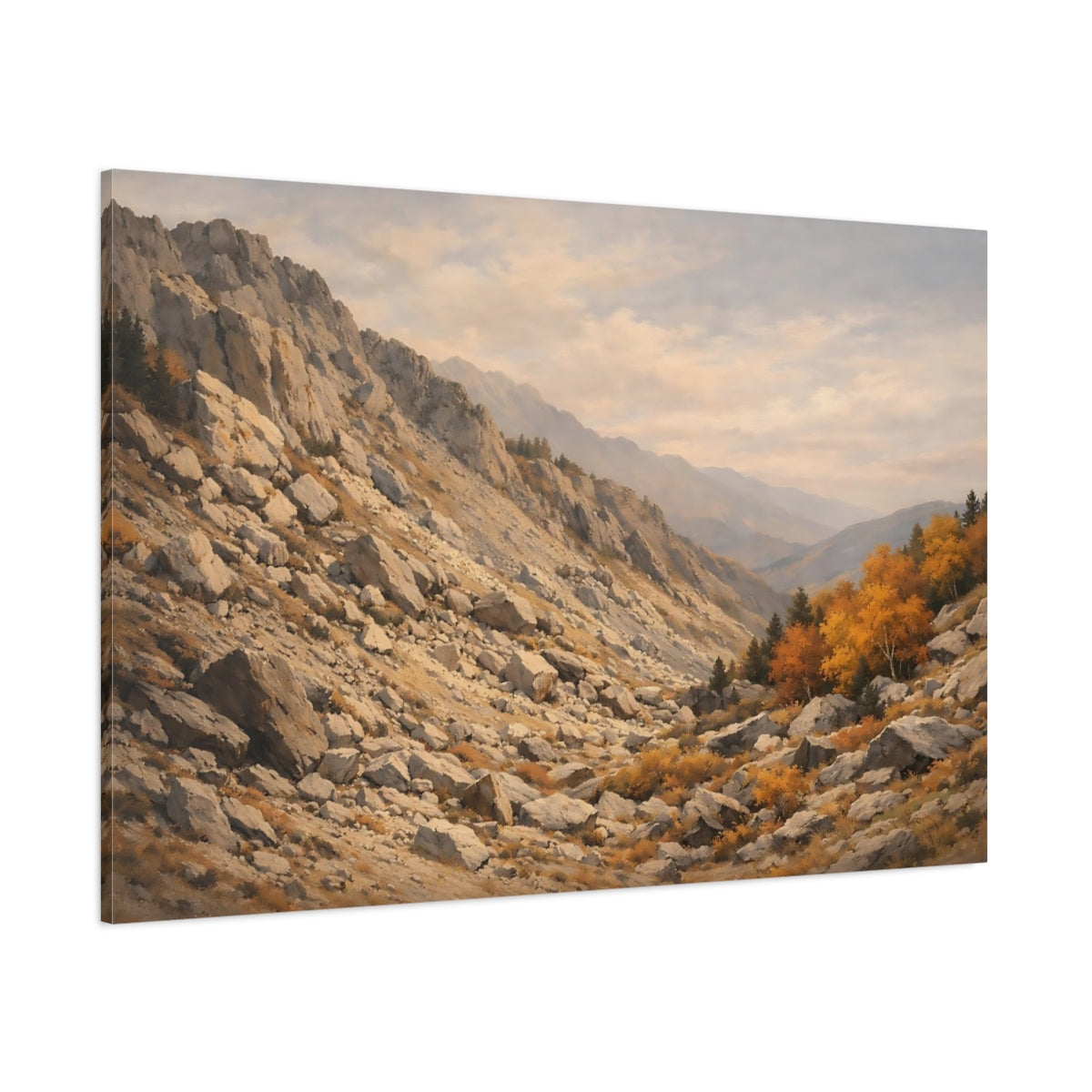 Side Mockup 1. Nature Mountain Valley Autumn Mountain Landscape shown as stretched canvas wall art
