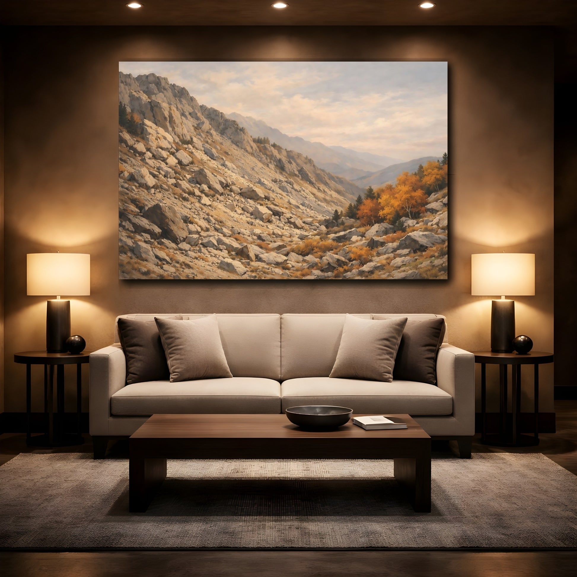 Mockup 2. Nature Mountain Valley Autumn Mountain Landscape shown as stretched canvas wall art