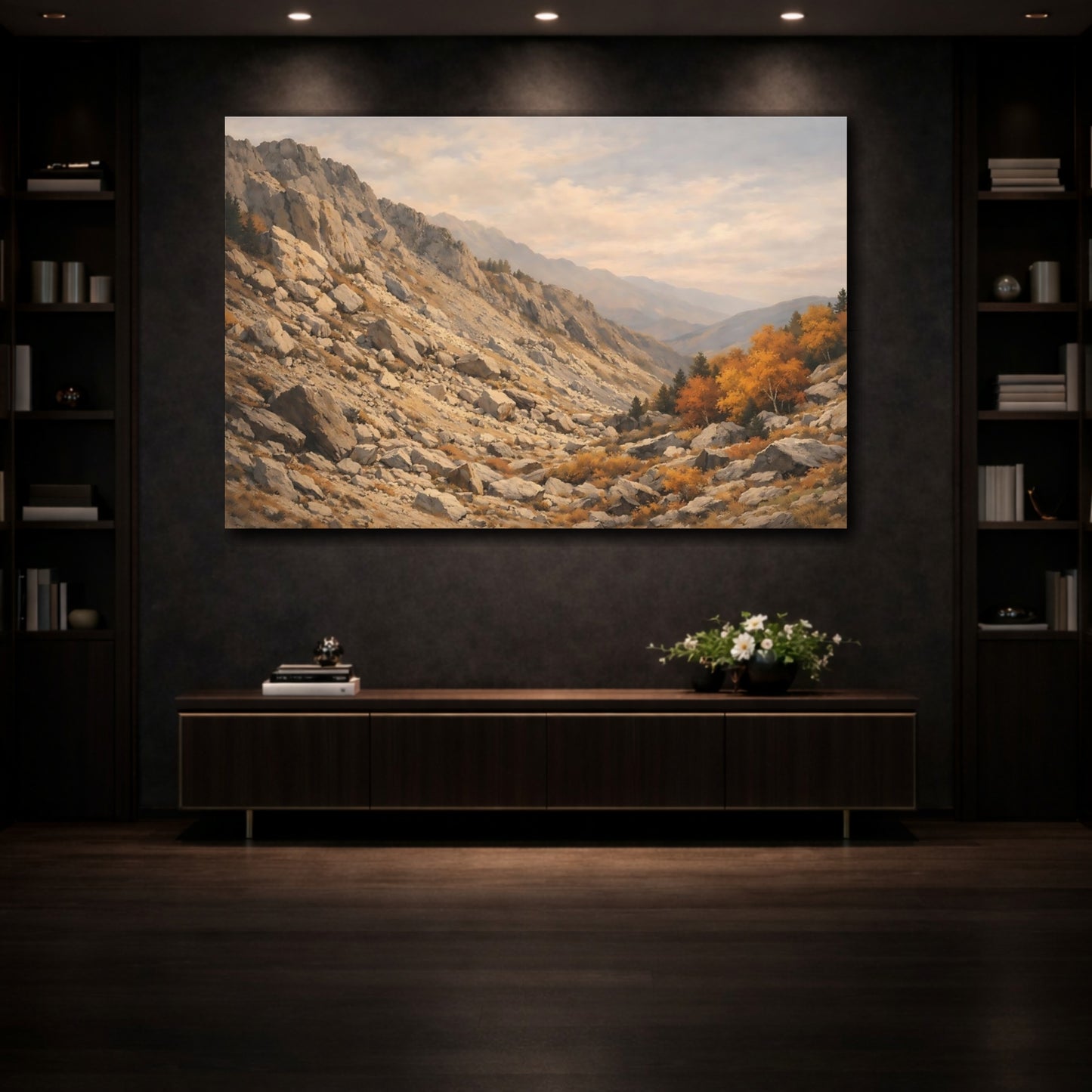 Mockup 3. Nature Mountain Valley Autumn Mountain Landscape shown as stretched canvas wall art