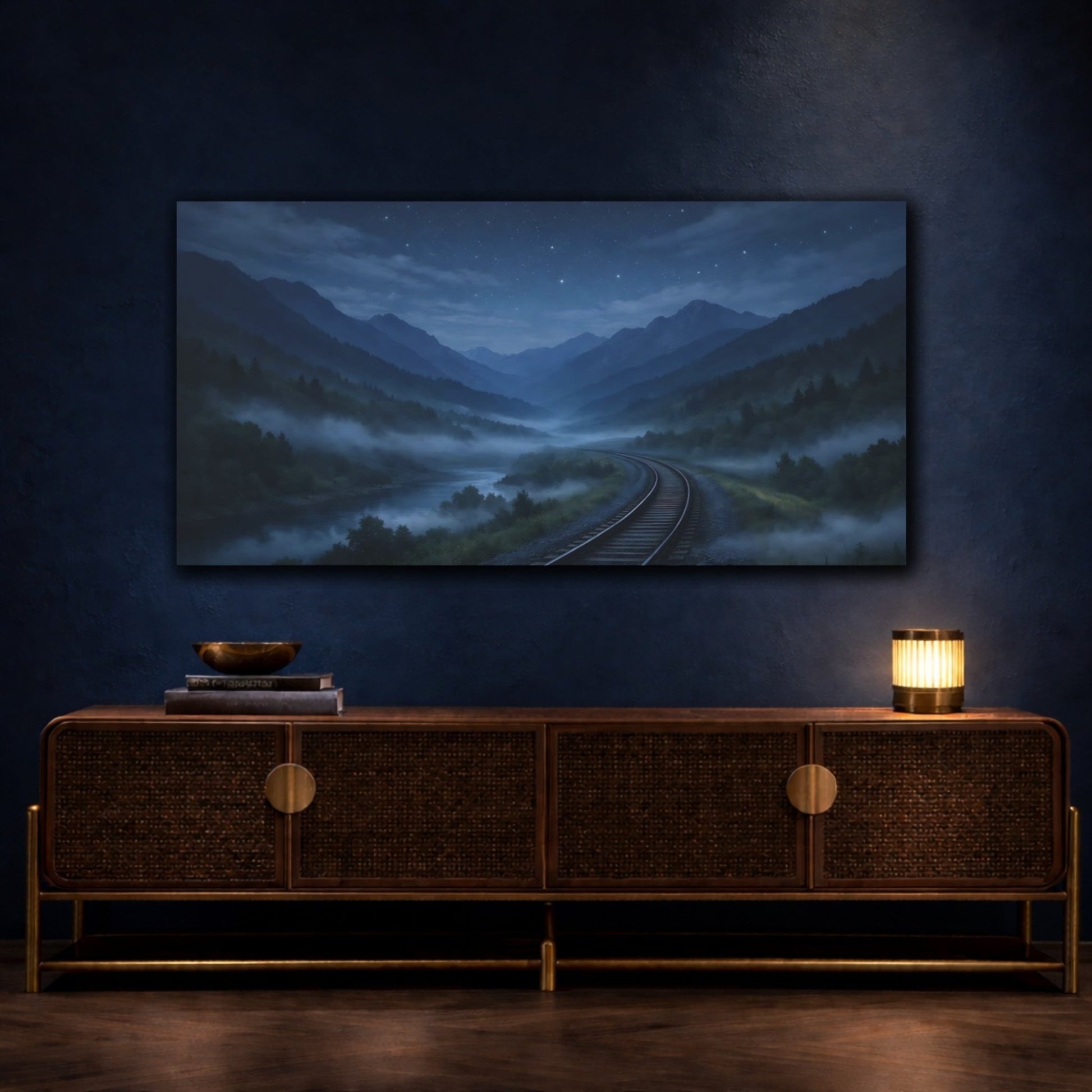 Nature Mountain Valley Blue Night Landscape - Canvas Wall Art Print - YesArtYes