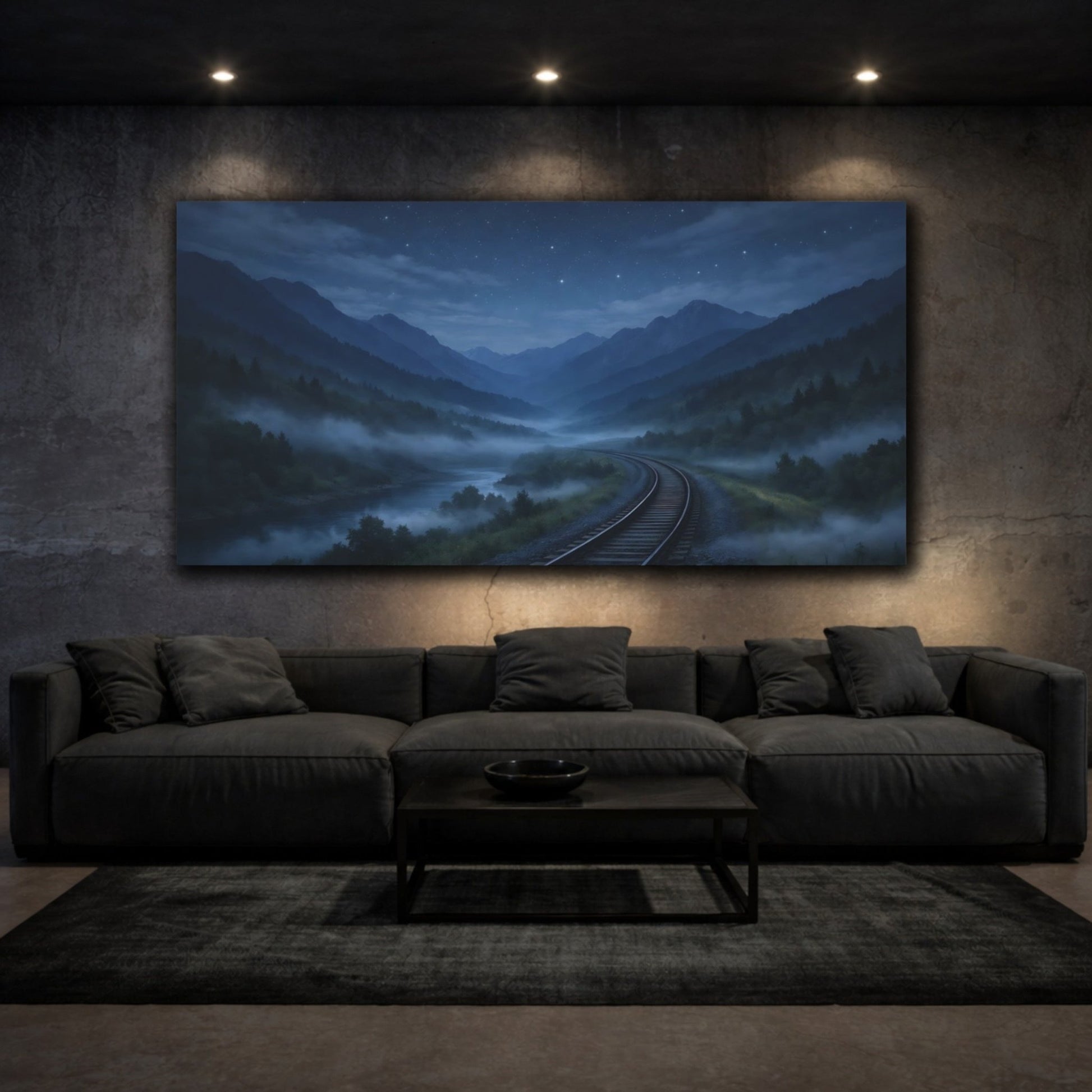 Nature Mountain Valley Blue Night Landscape - Canvas Wall Art Print - YesArtYes