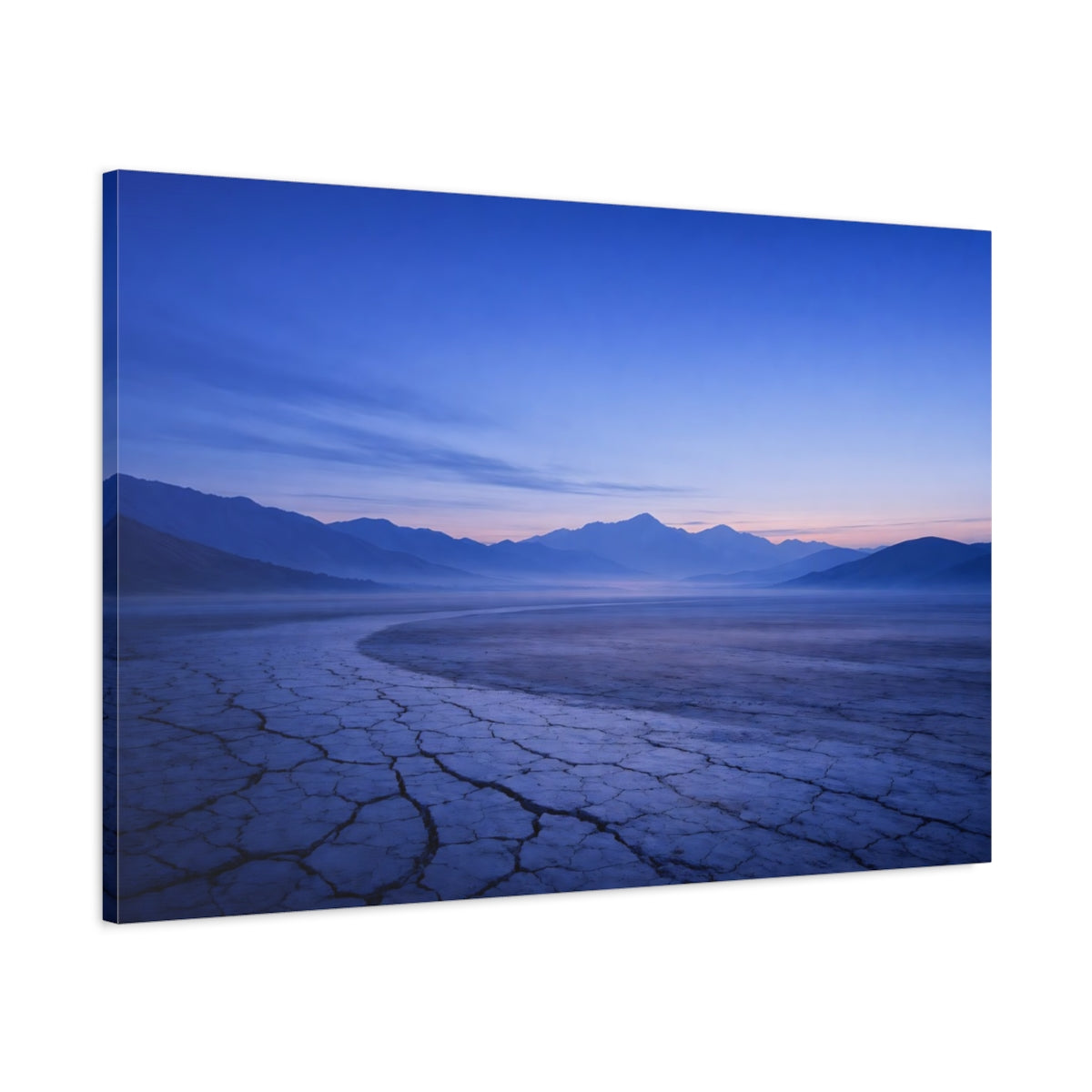 Main Mockup. Nature Mountain Valley Blue Purple Landscape shown as stretched canvas wall art
