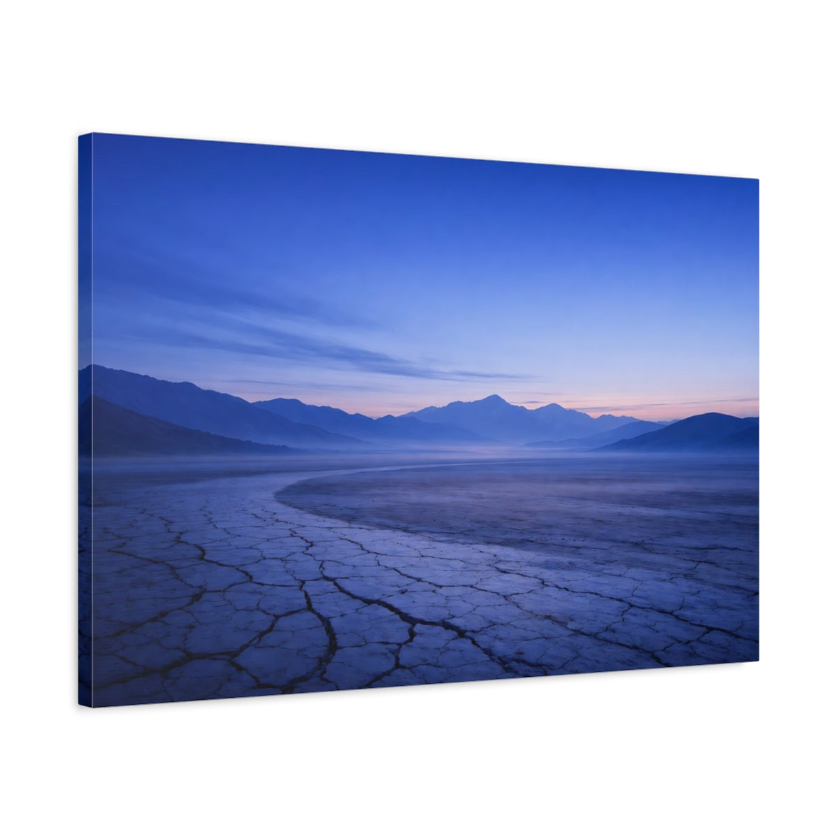 Side Mockup 2. Nature Mountain Valley Blue Purple Landscape shown as stretched canvas wall art