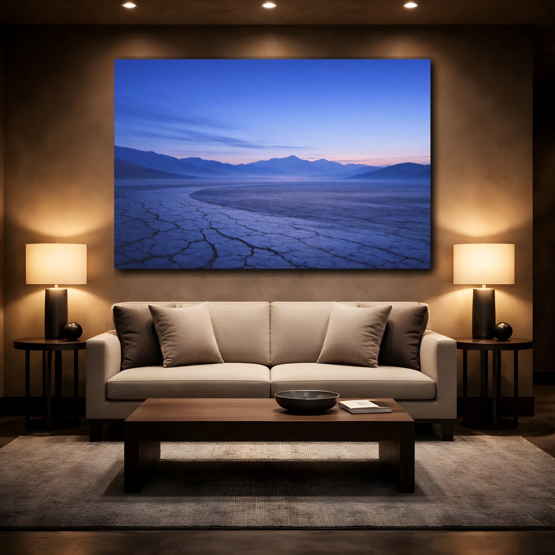 Mockup 2. Nature Mountain Valley Blue Purple Landscape shown as stretched canvas wall art