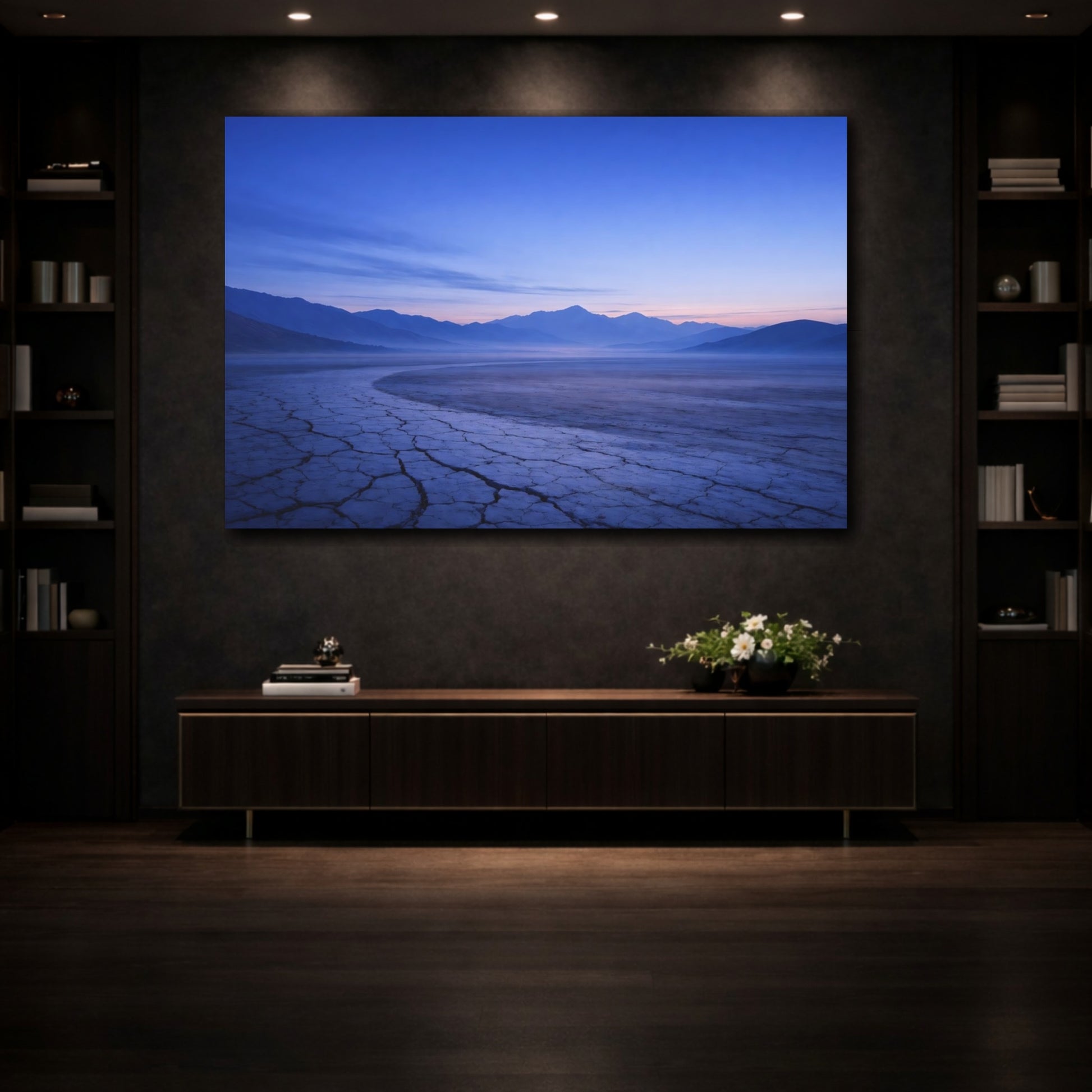 Mockup 3. Nature Mountain Valley Blue Purple Landscape shown as stretched canvas wall art