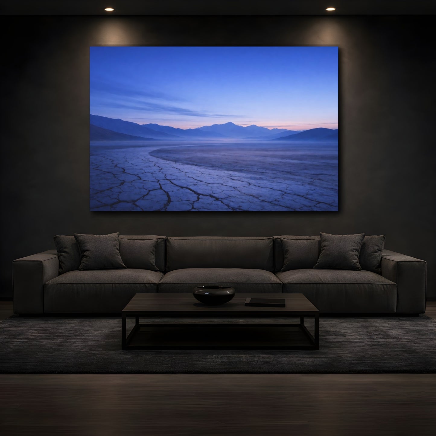Mockup 4. Nature Mountain Valley Blue Purple Landscape shown as stretched canvas wall art