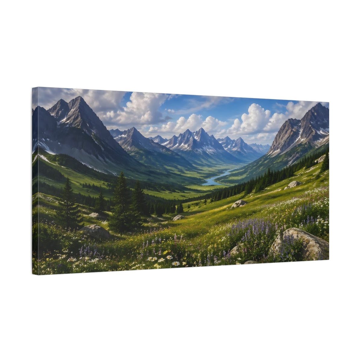 Side Mockup 1. Nature Mountain Valley Blue Sky Green Valley shown as stretched canvas wall art