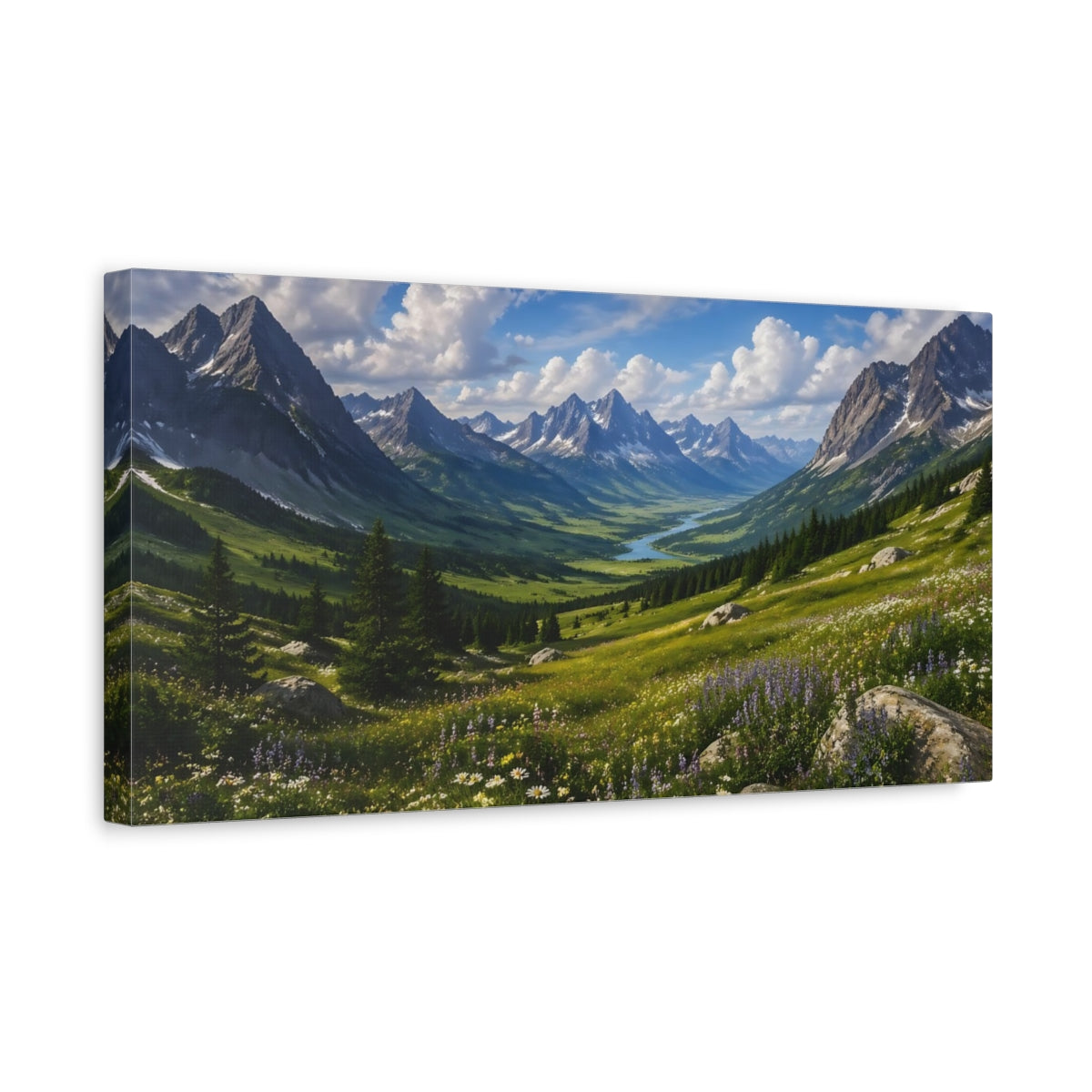 Side Mockup 3. Nature Mountain Valley Blue Sky Green Valley shown as stretched canvas wall art