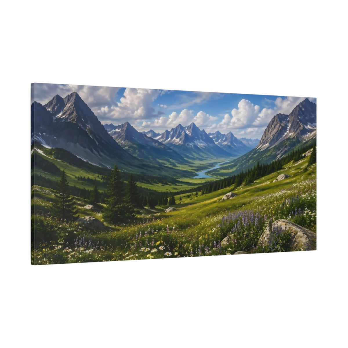 Side Mockup 2. Nature Mountain Valley Blue Sky Green Valley shown as stretched canvas wall art