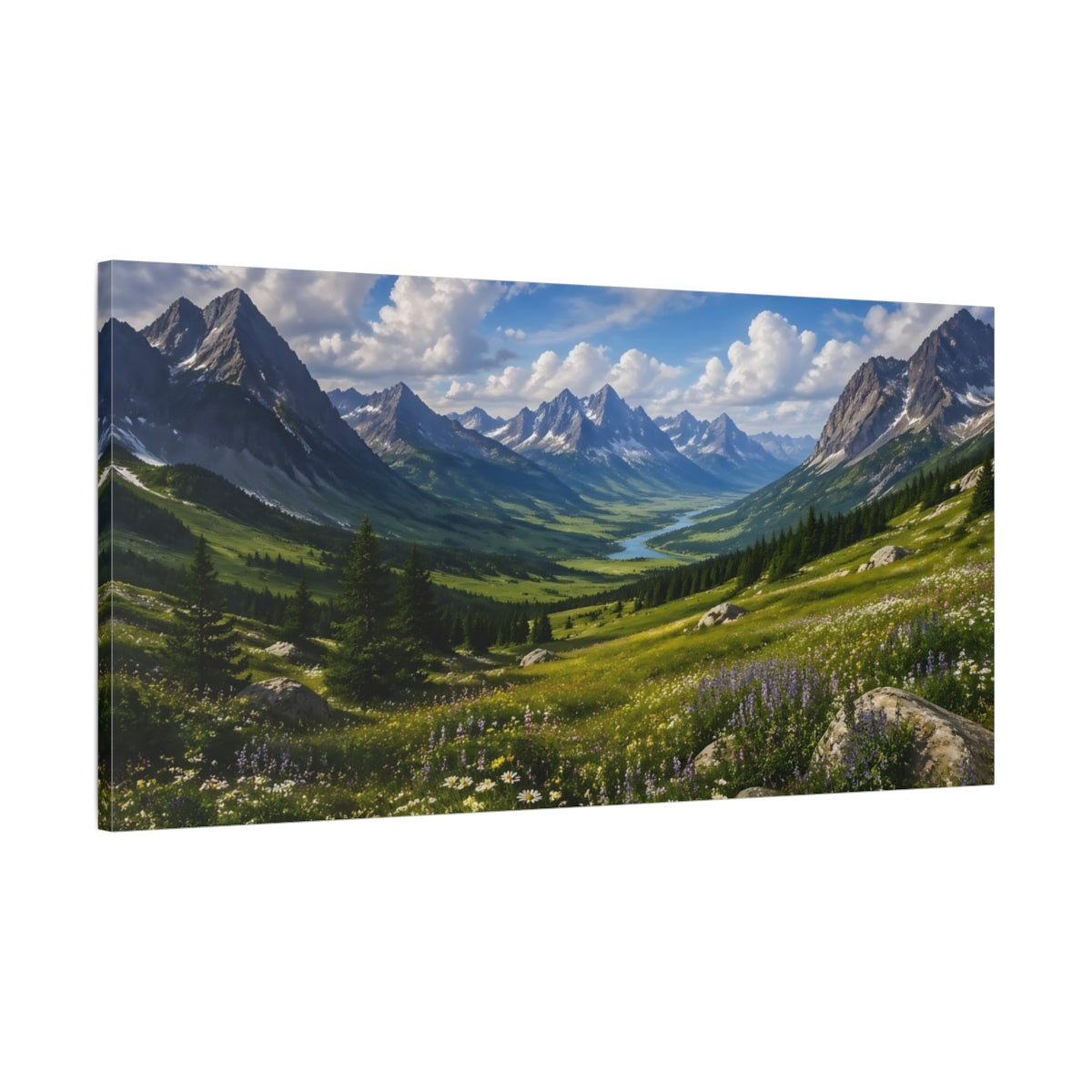 Main Mockup. Nature Mountain Valley Blue Sky Green Valley shown as stretched canvas wall art