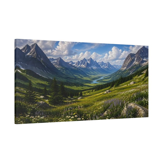 Main Mockup. Nature Mountain Valley Blue Sky Green Valley shown as stretched canvas wall art