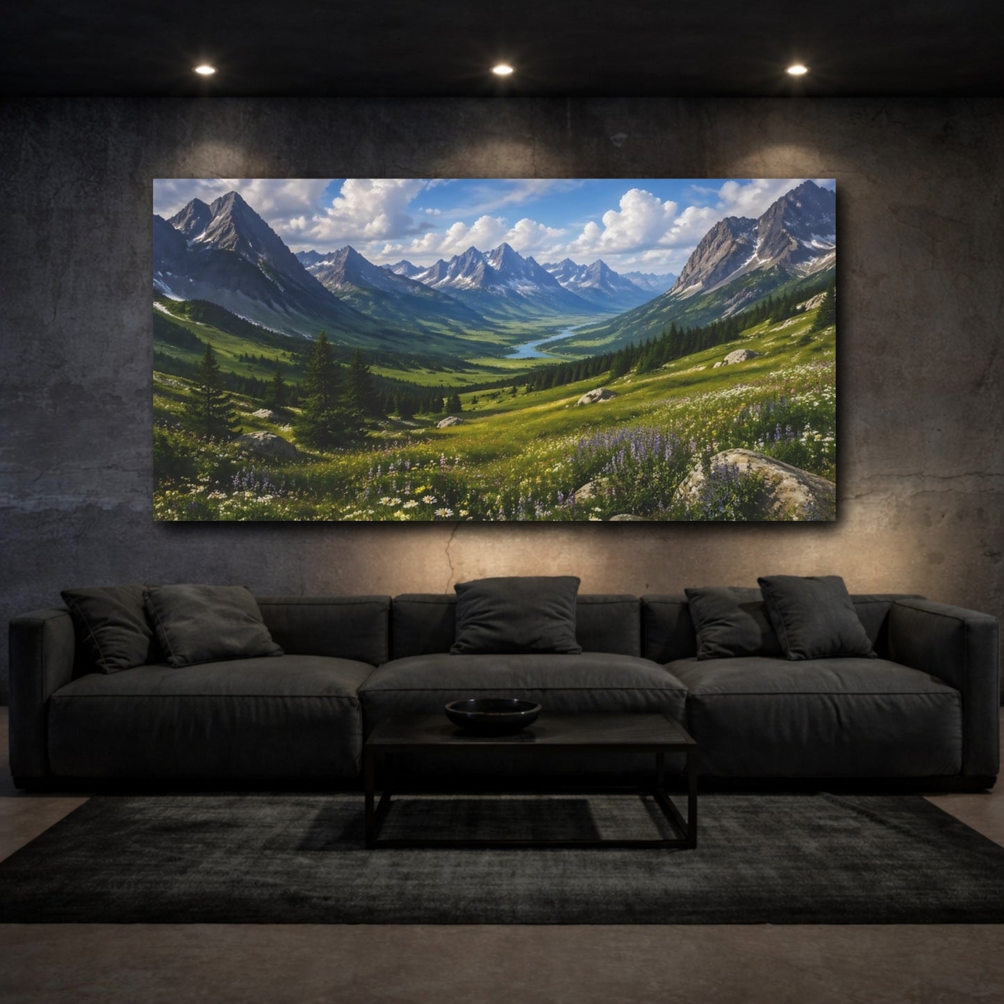 Mockup 2. Nature Mountain Valley Blue Sky Green Valley shown as stretched canvas wall art