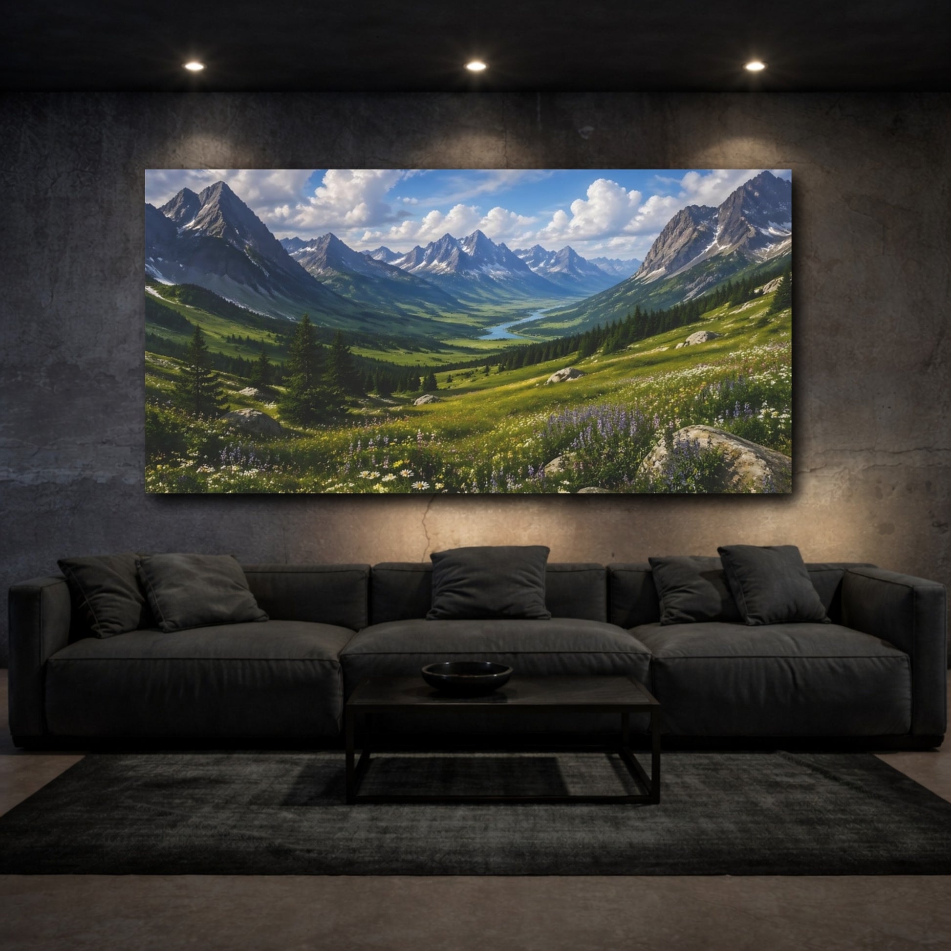 Mockup 2. Nature Mountain Valley Blue Sky Green Valley shown as stretched canvas wall art