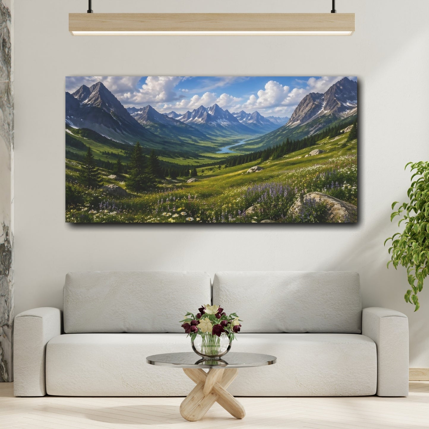 Mockup 3. Nature Mountain Valley Blue Sky Green Valley shown as stretched canvas wall art
