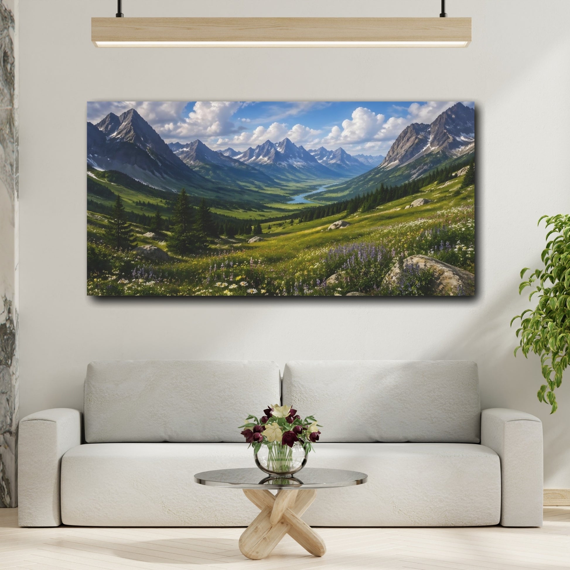 Mockup 3. Nature Mountain Valley Blue Sky Green Valley shown as stretched canvas wall art