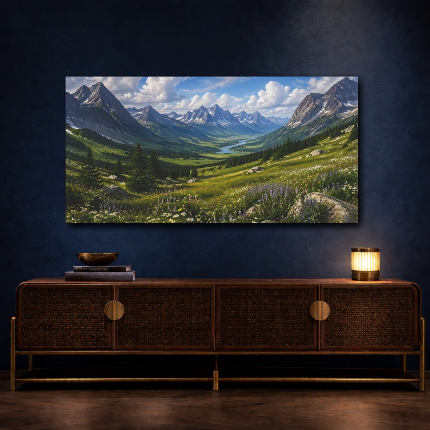 Mockup 4. Nature Mountain Valley Blue Sky Green Valley shown as stretched canvas wall art
