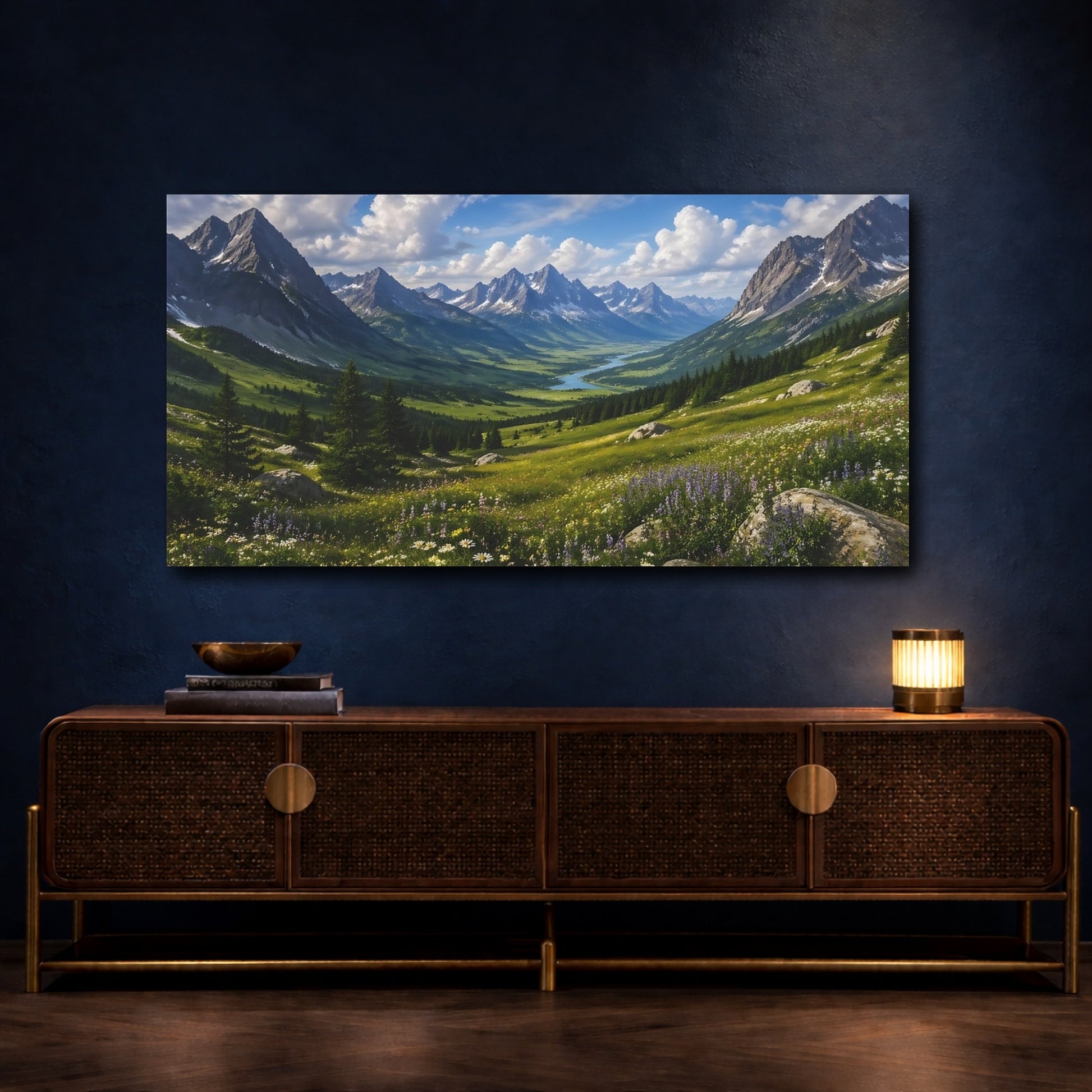 Mockup 4. Nature Mountain Valley Blue Sky Green Valley shown as stretched canvas wall art