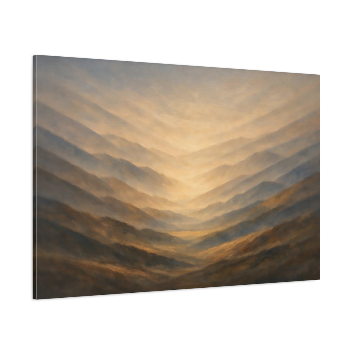 Main Mockup. Nature Mountain Valley Brown And Gold shown as stretched canvas wall art