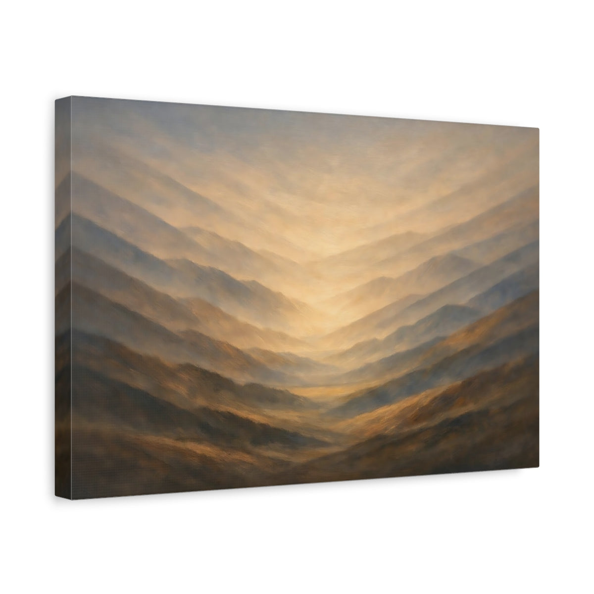 Side Mockup 4. Nature Mountain Valley Brown And Gold shown as stretched canvas wall art