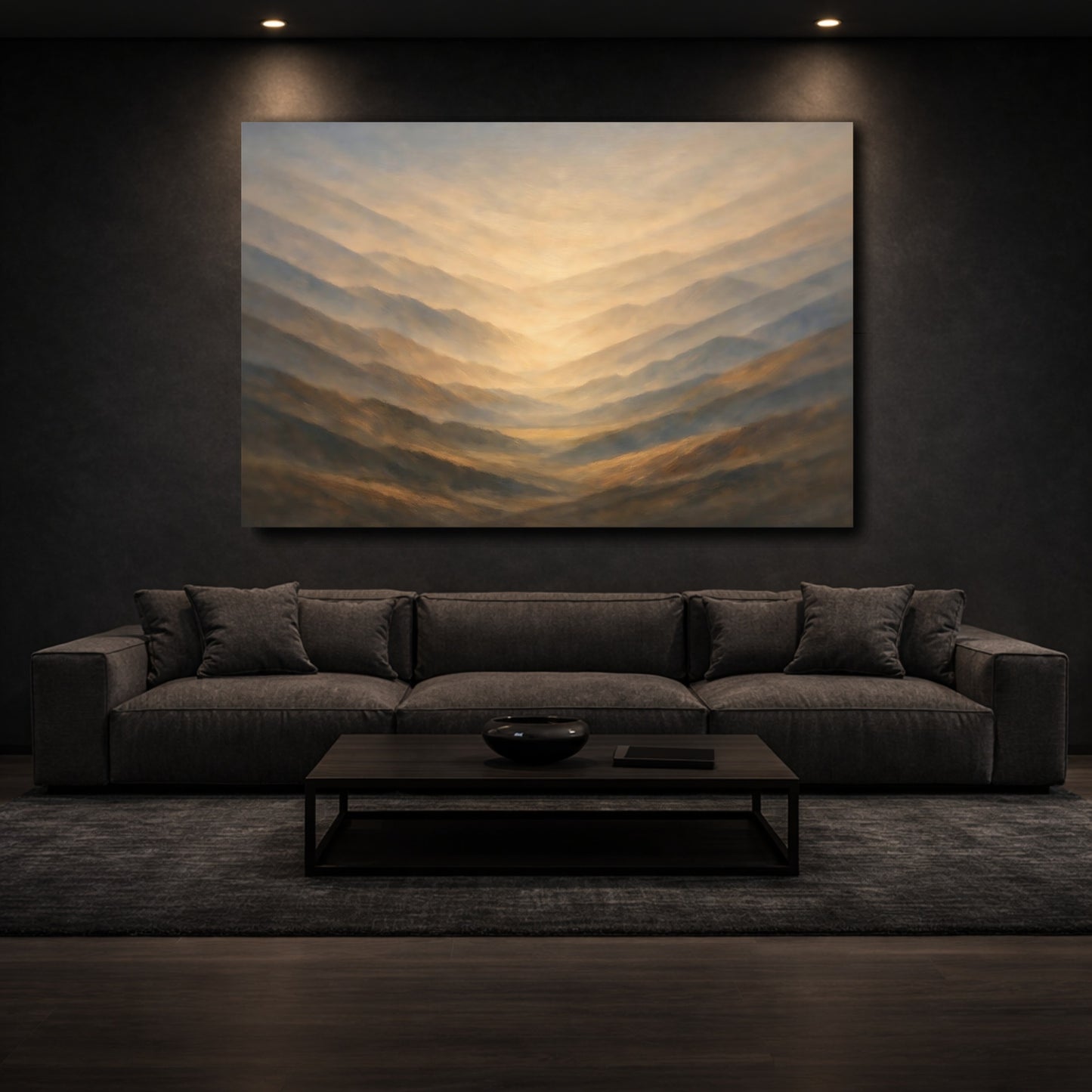 Mockup 2. Nature Mountain Valley Brown And Gold shown as stretched canvas wall art