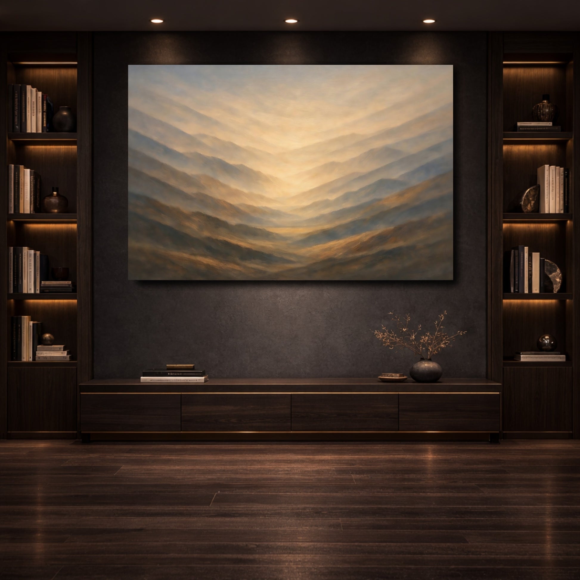 Mockup 3. Nature Mountain Valley Brown And Gold shown as stretched canvas wall art