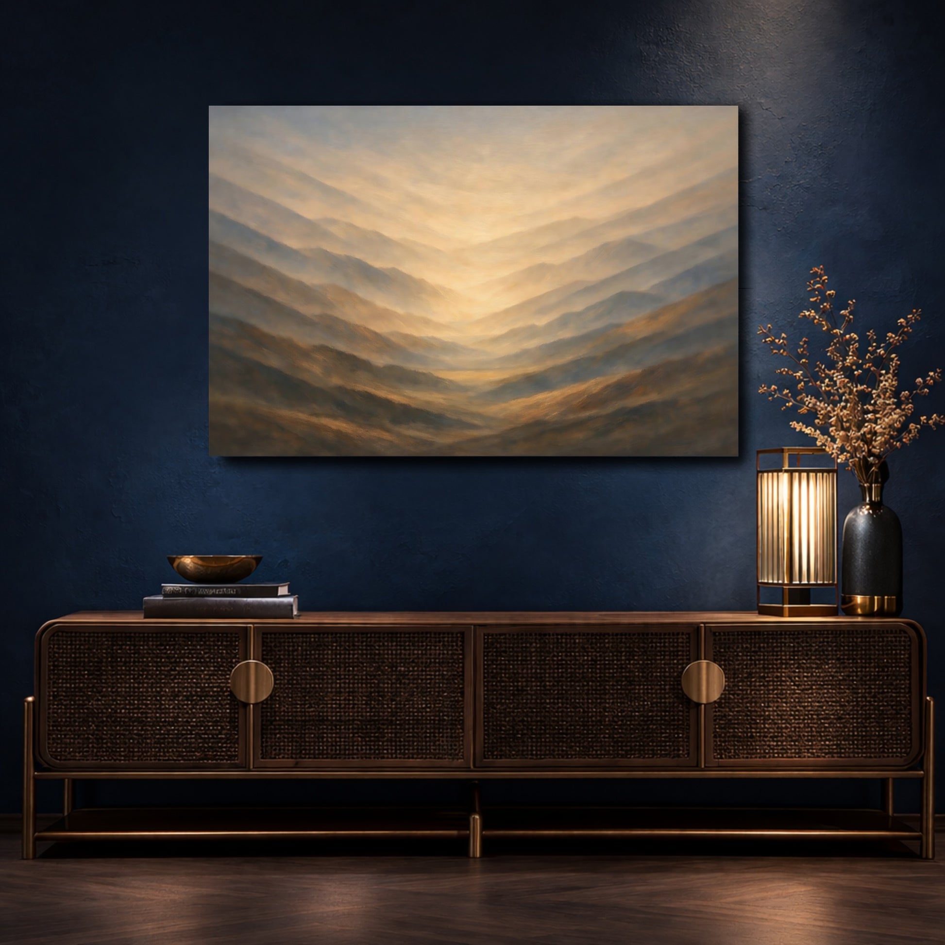 Mockup 4. Nature Mountain Valley Brown And Gold shown as stretched canvas wall art