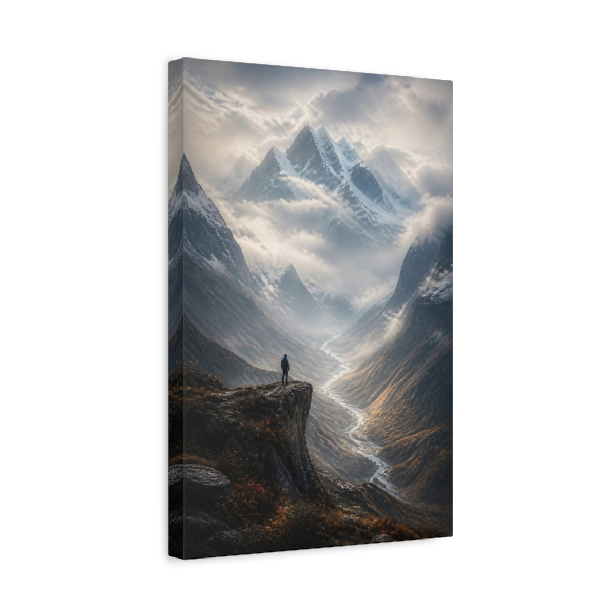 Side Mockup 4. Nature Mountain Valley Brown And Grey shown as stretched canvas wall art