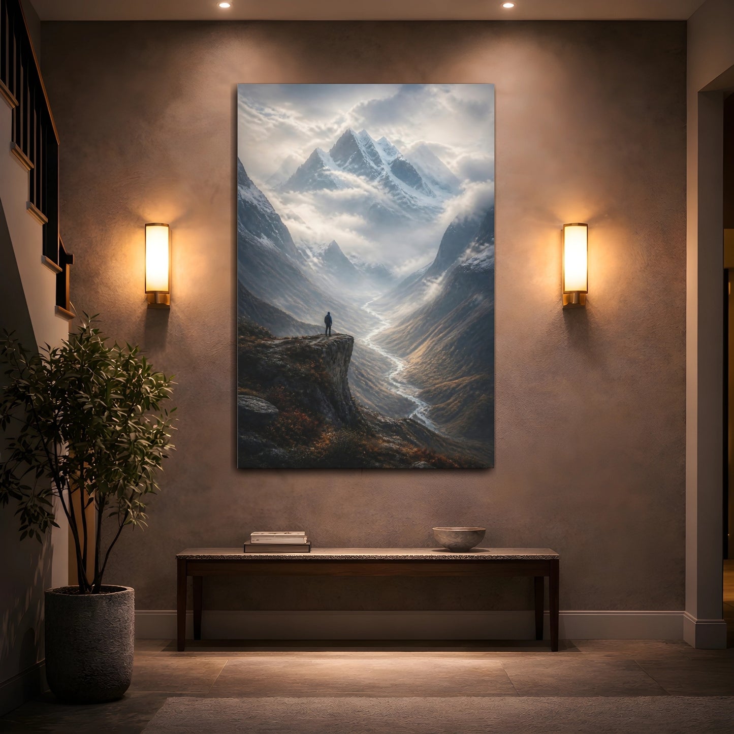 Mockup 2. Nature Mountain Valley Brown And Grey shown as stretched canvas wall art