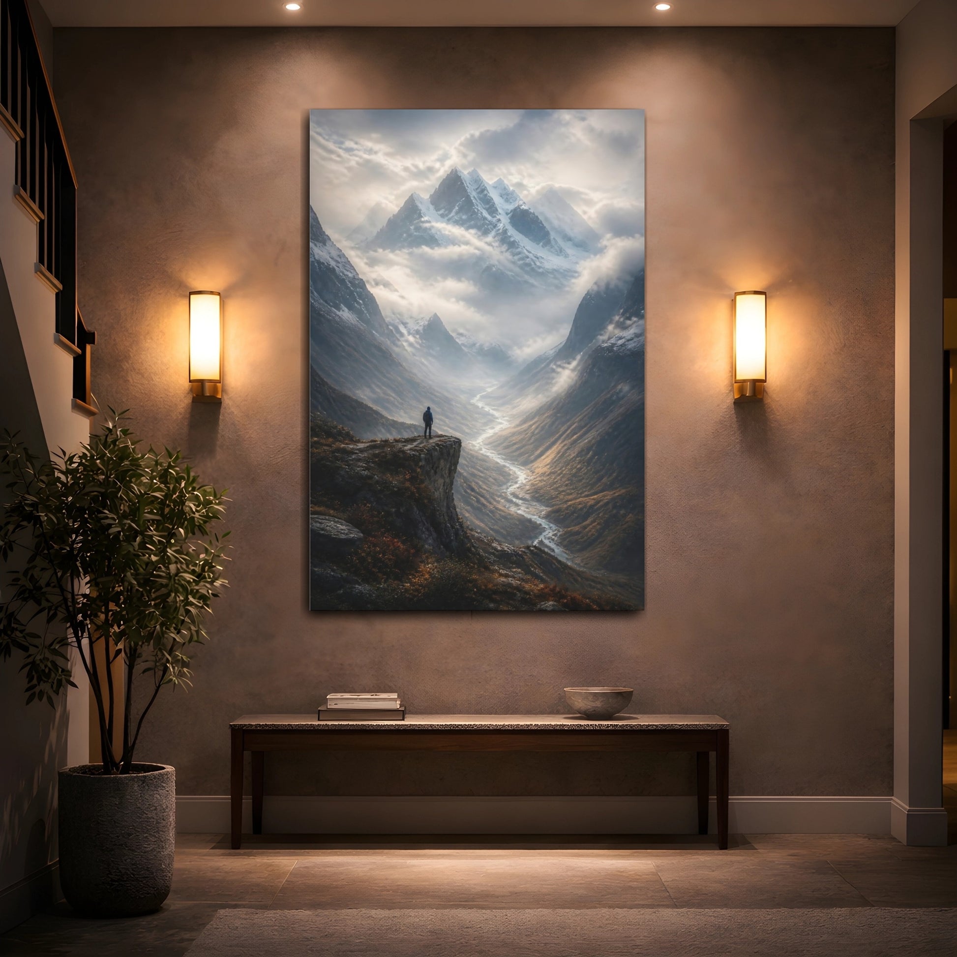 Mockup 2. Nature Mountain Valley Brown And Grey shown as stretched canvas wall art
