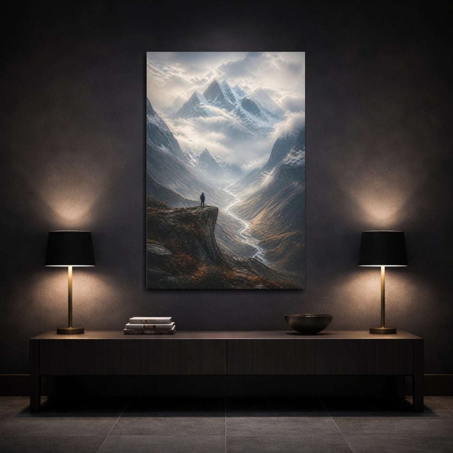 Mockup 3. Nature Mountain Valley Brown And Grey shown as stretched canvas wall art
