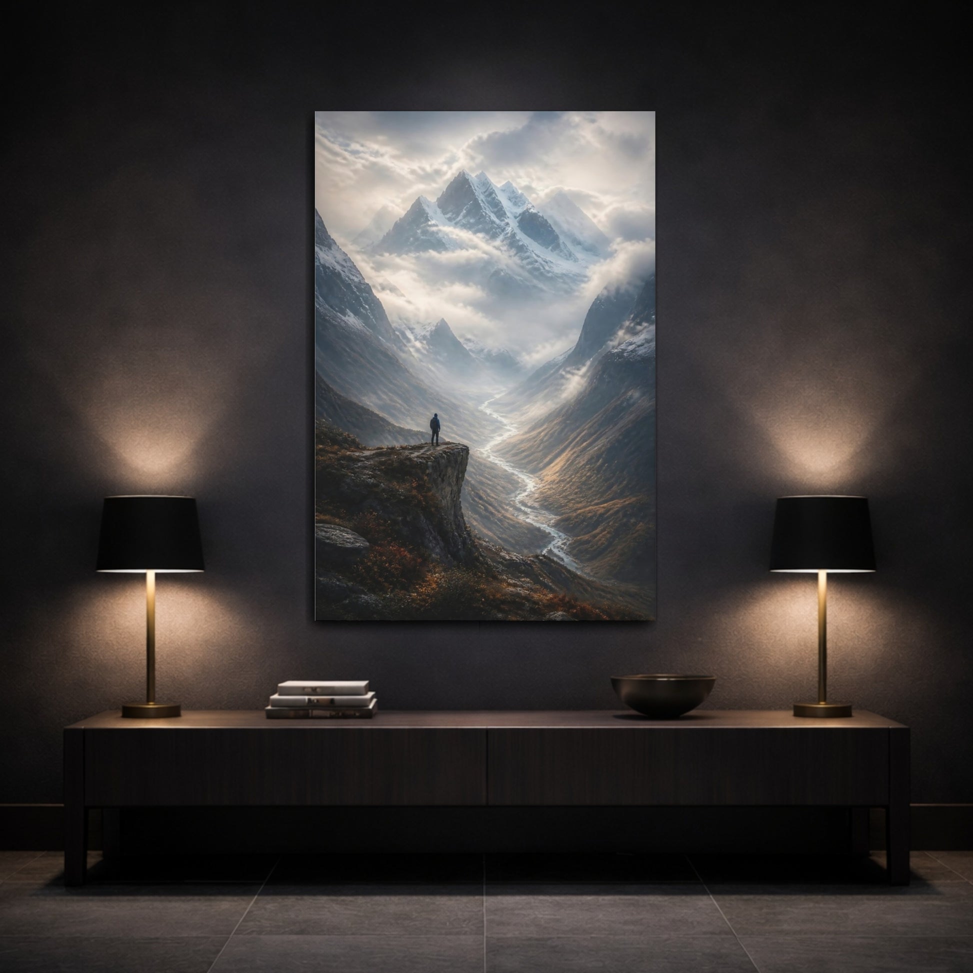 Mockup 3. Nature Mountain Valley Brown And Grey shown as stretched canvas wall art