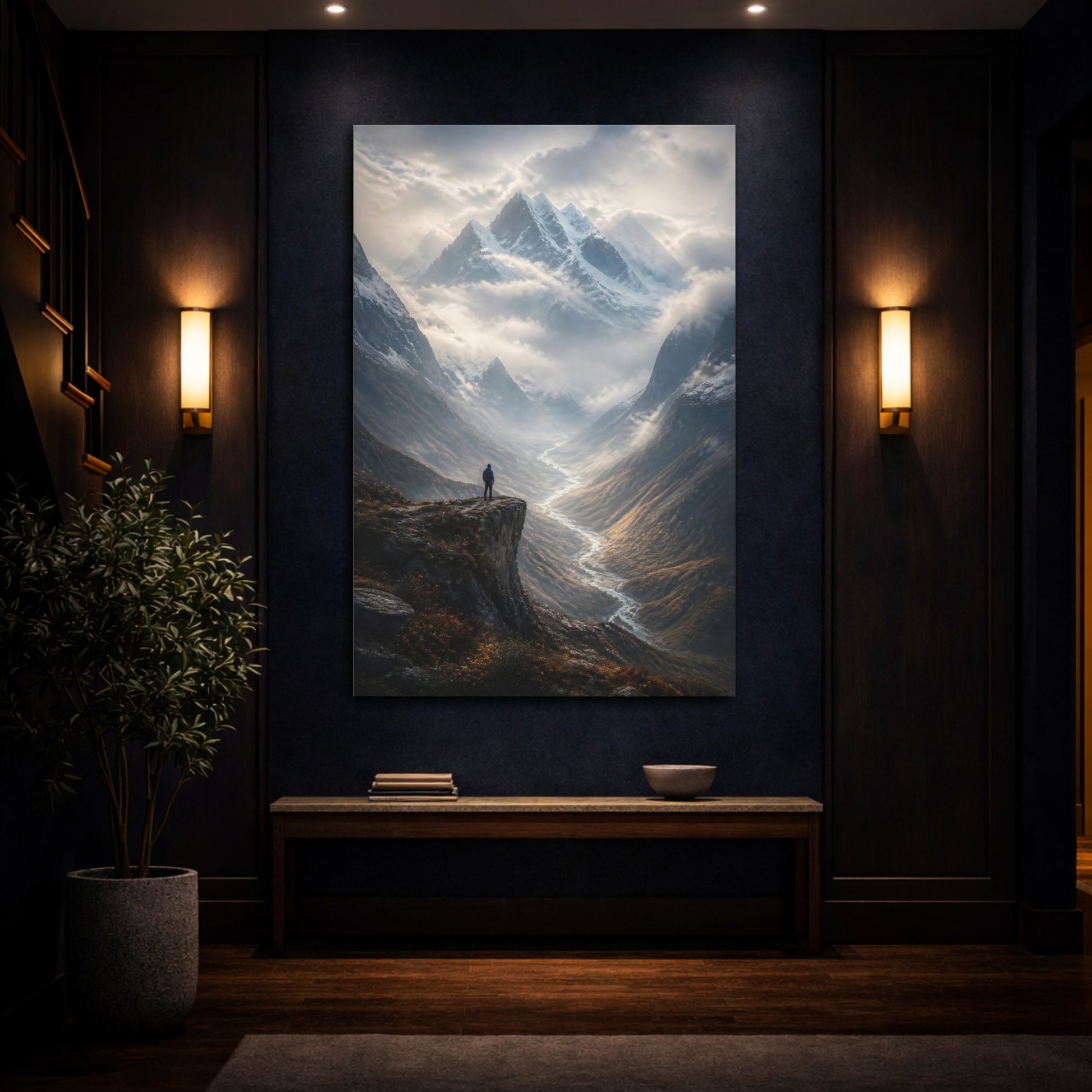 Mockup 4. Nature Mountain Valley Brown And Grey shown as stretched canvas wall art