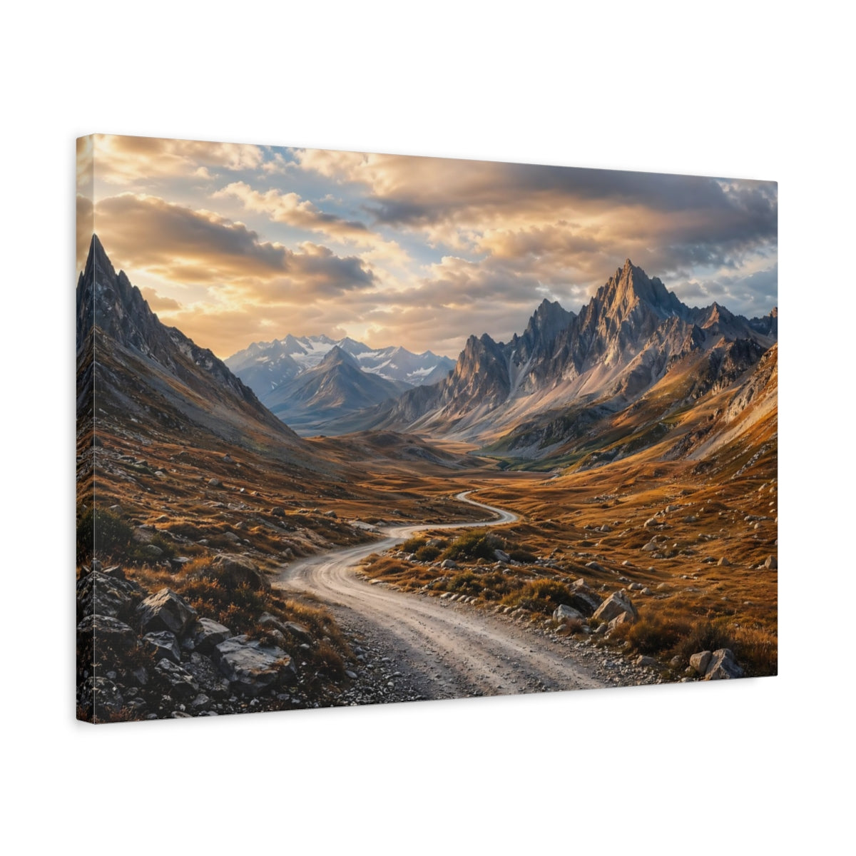 Side Mockup 3. Nature Mountain Valley Golden Mountain Valley shown as stretched canvas wall art