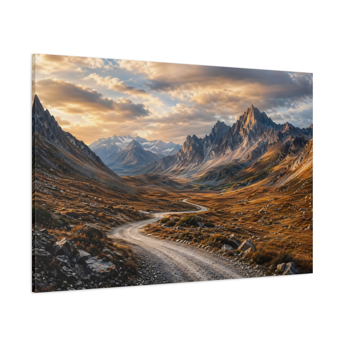 Side Mockup 1. Nature Mountain Valley Golden Mountain Valley shown as stretched canvas wall art