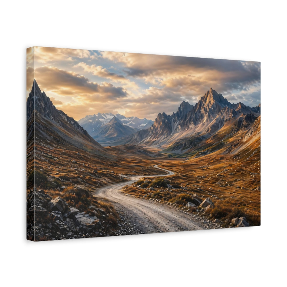 Side Mockup 4. Nature Mountain Valley Golden Mountain Valley shown as stretched canvas wall art