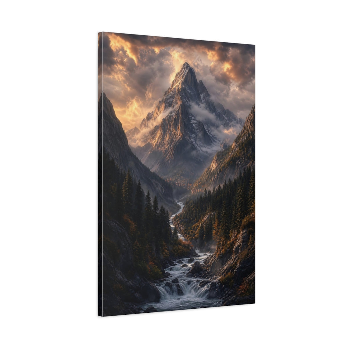 Main Mockup. Nature Mountain Valley Golden Mountain River shown as stretched canvas wall art