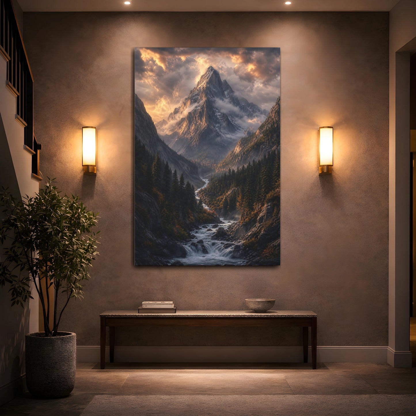 Mockup 2. Nature Mountain Valley Golden Mountain River shown as stretched canvas wall art